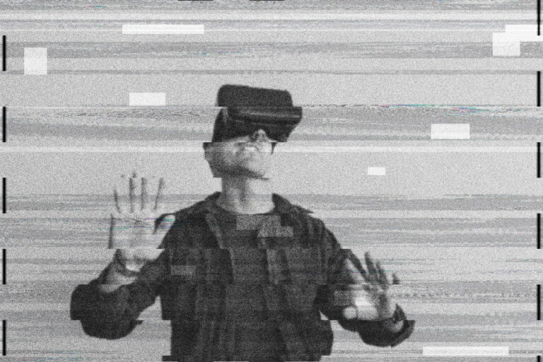 Man using VR on digital glitch background