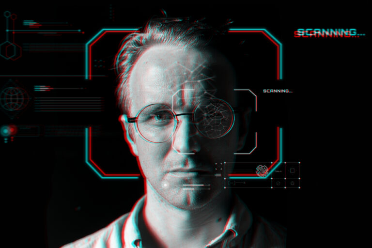 Man wearing smart glasses behind the virtual scanning technology